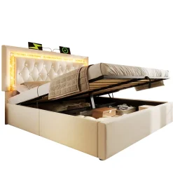 Okwish Lit Coffre Double 140x200 cm - Tête de Lit LED et USB Type-C, Sommier à Lattes, Rangement Hydraulique, Velours Beige, Sans Matelas Online