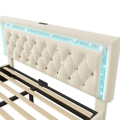 Okwish Lit Coffre Double 140x200 cm - Tête de Lit LED et USB Type-C, Sommier à Lattes, Rangement Hydraulique, Velours Beige, Sans Matelas Online