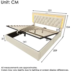 Okwish Lit Coffre Double 140x200 cm - Tête de Lit LED et USB Type-C, Sommier à Lattes, Rangement Hydraulique, Velours Beige, Sans Matelas Online
