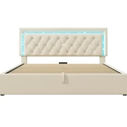 Okwish Lit Coffre Double 140x200 cm - Tête de Lit LED et USB Type-C, Sommier à Lattes, Rangement Hydraulique, Velours Beige, Sans Matelas Online