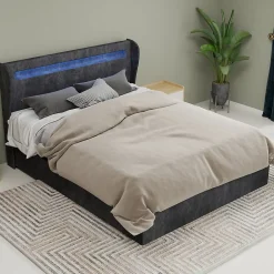 Okwish Lit Coffre Double 140x200 cm Adulte Moderne, Mécanisme à Vérin à Gaz et Rangement, Sans Tête de Lit, Sans Matelas, Velours Gris Outlet