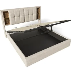 Okwish Lit Coffre Double 140x200 cm avec LED et Port USB, Lit Rembourré Moderne avec Coffre Hydraulique - Lin Naturel - Sans Matelas