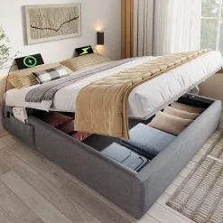 Okwish Lit Coffre Double 160x200 cm avec Coffre de Rangement et Port USB-C, Cadre Bois Massif et Coton Gris, Sans Matelas