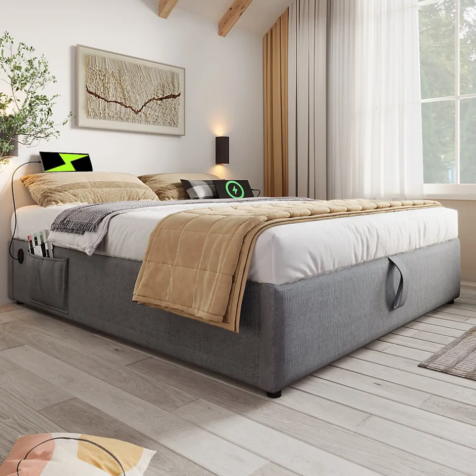 Okwish Lit Coffre Double 160x200 cm avec Coffre de Rangement et Port USB-C, Cadre Bois Massif et Coton Gris, Sans Matelas
