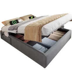 Okwish Lit Coffre Double 160x200 cm avec Coffre de Rangement et Port USB-C, Cadre Bois Massif et Coton Gris, Sans Matelas