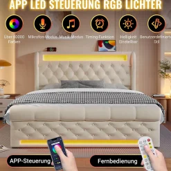 Okwish Lit Coffre Double 140x200 cm avec LED et Ports USB Type-C - Tête de Lit avec Rangement - Velours Beige - Matelas Inclus Clearance