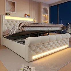 Okwish Lit Coffre Double 140x200 cm avec LED et Ports USB Type-C - Tête de Lit avec Rangement - Velours Beige - Matelas Inclus Clearance