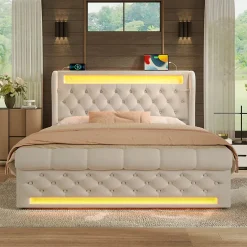 Okwish Lit Coffre Double 140x200 cm avec LED et Ports USB Type-C - Tête de Lit avec Rangement - Velours Beige - Matelas Inclus Clearance