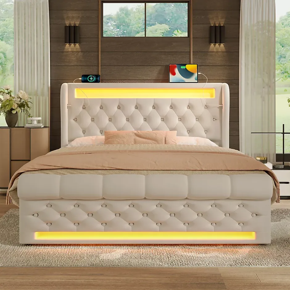Okwish Lit Coffre Double 140x200 cm avec LED et Ports USB Type-C - Tête de Lit avec Rangement - Velours Beige - Matelas Inclus Clearance