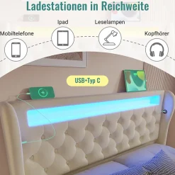 Okwish Lit Coffre Double 140x200 cm avec LED et Ports USB Type-C - Tête de Lit avec Rangement - Velours Beige - Matelas Inclus Clearance