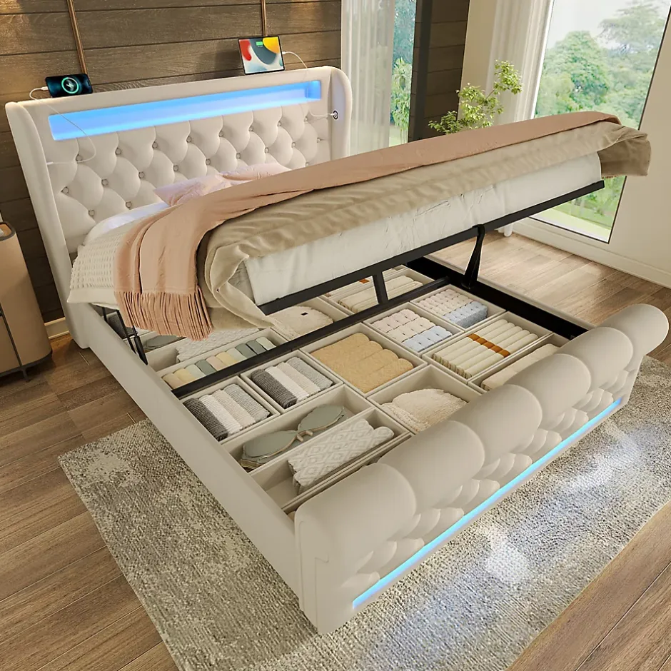 Okwish Lit Coffre Double 140x200 cm avec LED et Ports USB Type-C - Tête de Lit avec Rangement - Velours Beige - Matelas Inclus Clearance