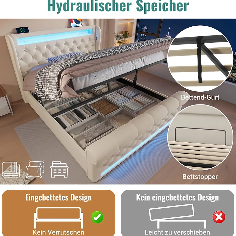 Okwish Lit Coffre Double 140x200 cm avec LED et Ports USB Type-C - Tête de Lit avec Rangement - Velours Beige - Matelas Inclus Clearance