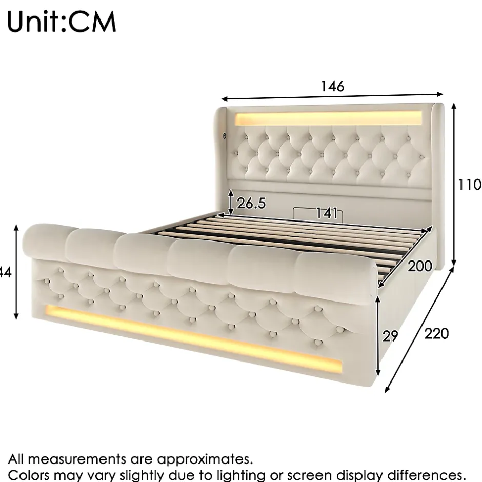 Okwish Lit Coffre Double 140x200 cm avec LED et Ports USB Type-C - Tête de Lit avec Rangement - Velours Beige - Matelas Inclus Clearance