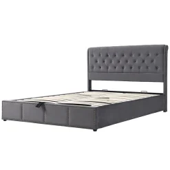 Okwish Lit Coffre Double 140x190 cm avec Système Hydraulique, Lit Capitonné en Velours, Gris - Sans Matelas