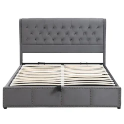 Okwish Lit Coffre Double 140x190 cm avec Système Hydraulique, Lit Capitonné en Velours, Gris - Sans Matelas