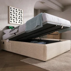 Okwish Lit Coffre Double 160x200 cm avec Rangement Intégré et Port USB-C, Cadre Bois et Lin Beige, Sans Matelas Sale