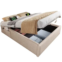 Okwish Lit Coffre Double 160x200 cm avec Rangement Intégré et Port USB-C, Cadre Bois et Lin Beige, Sans Matelas Sale