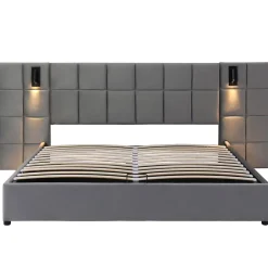 Okwish Lit Coffre Double 160x200 cm avec Lampe Directionnelle et Port USB, Lit Capitonné en Velours, Gris - Sans Matelas Outlet
