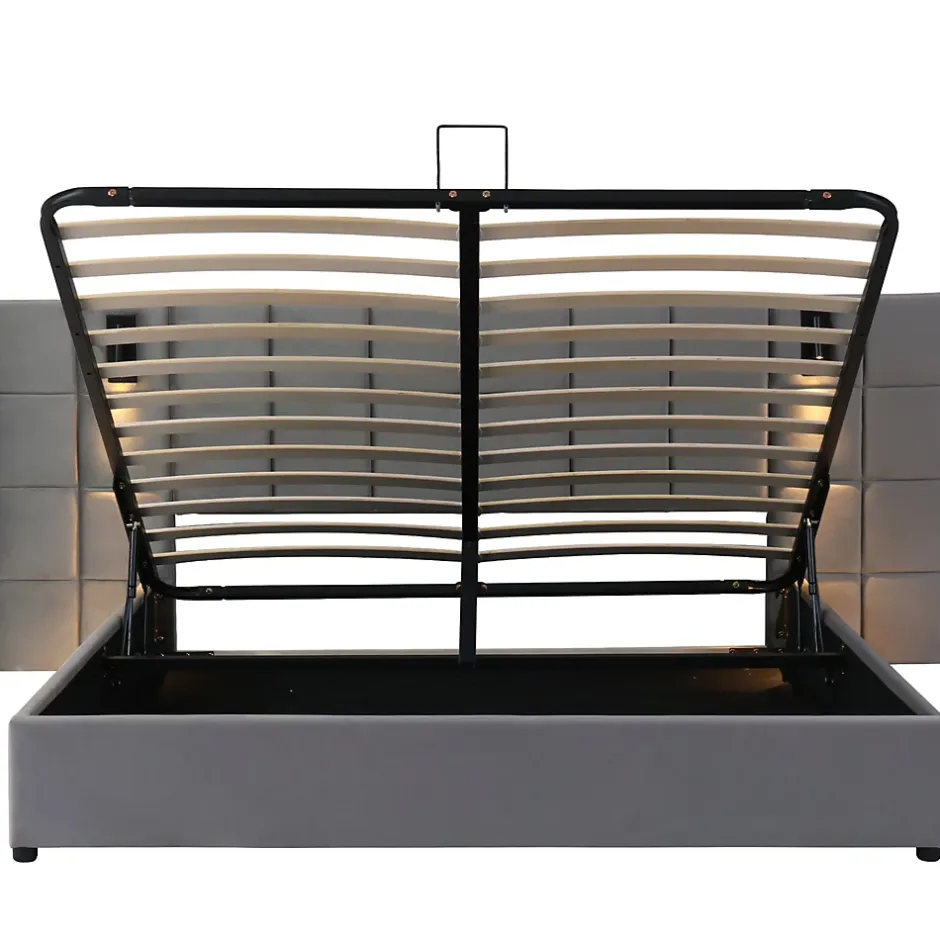 Okwish Lit Coffre Double 160x200 cm avec Lampe Directionnelle et Port USB, Lit Capitonné en Velours, Gris - Sans Matelas Outlet