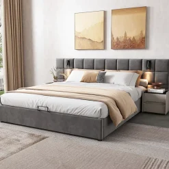 Okwish Lit Coffre Double 160x200 cm avec Lampe Directionnelle et Port USB, Lit Capitonné en Velours, Gris - Sans Matelas Outlet