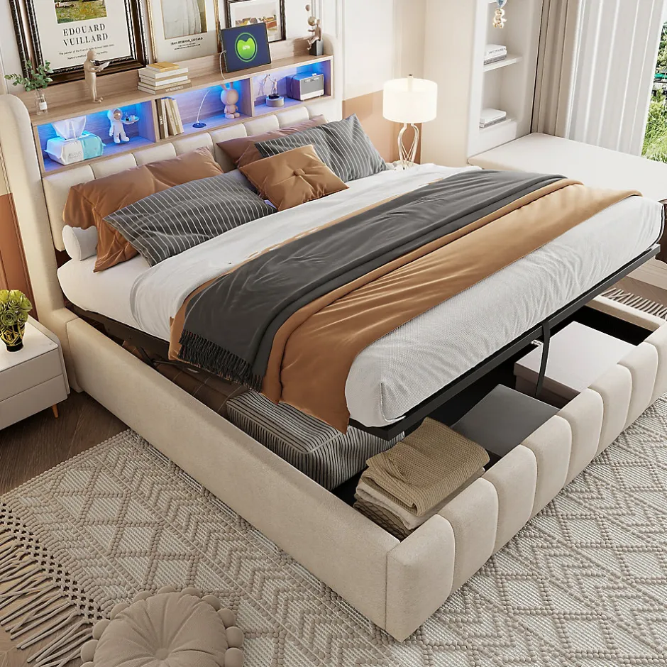 Okwish Lit Coffre Double 180x200 cm Capitonné avec Rangement Hydraulique et Tête de Lit LED - Tissu Lin Beige