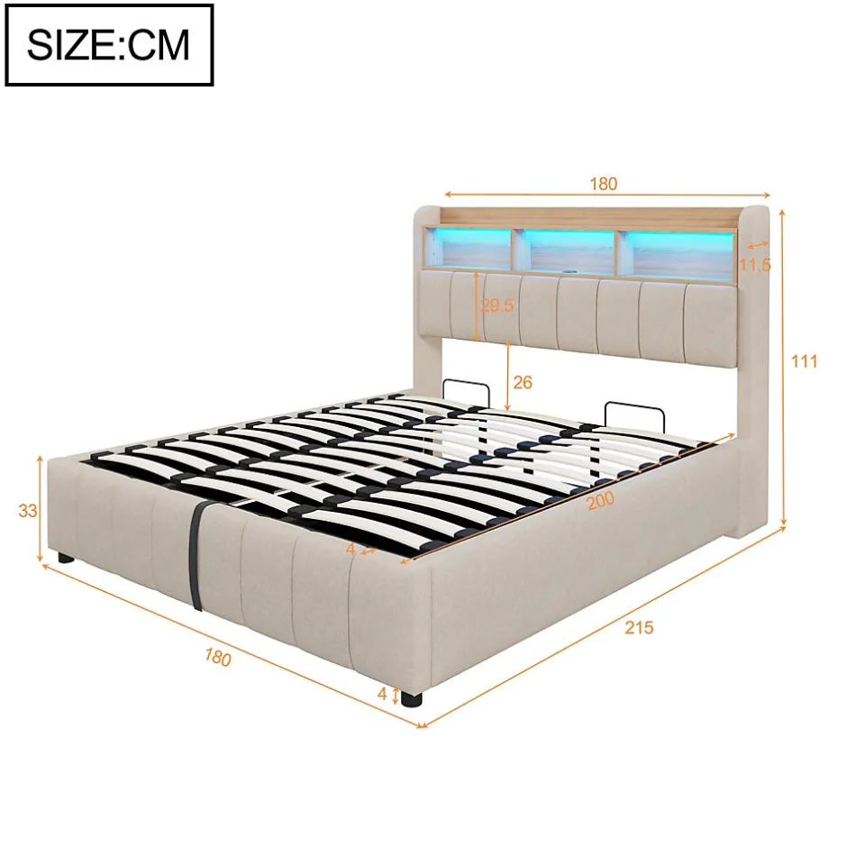 Okwish Lit Coffre Double 180x200 cm Capitonné avec Rangement Hydraulique et Tête de Lit LED - Tissu Lin Beige