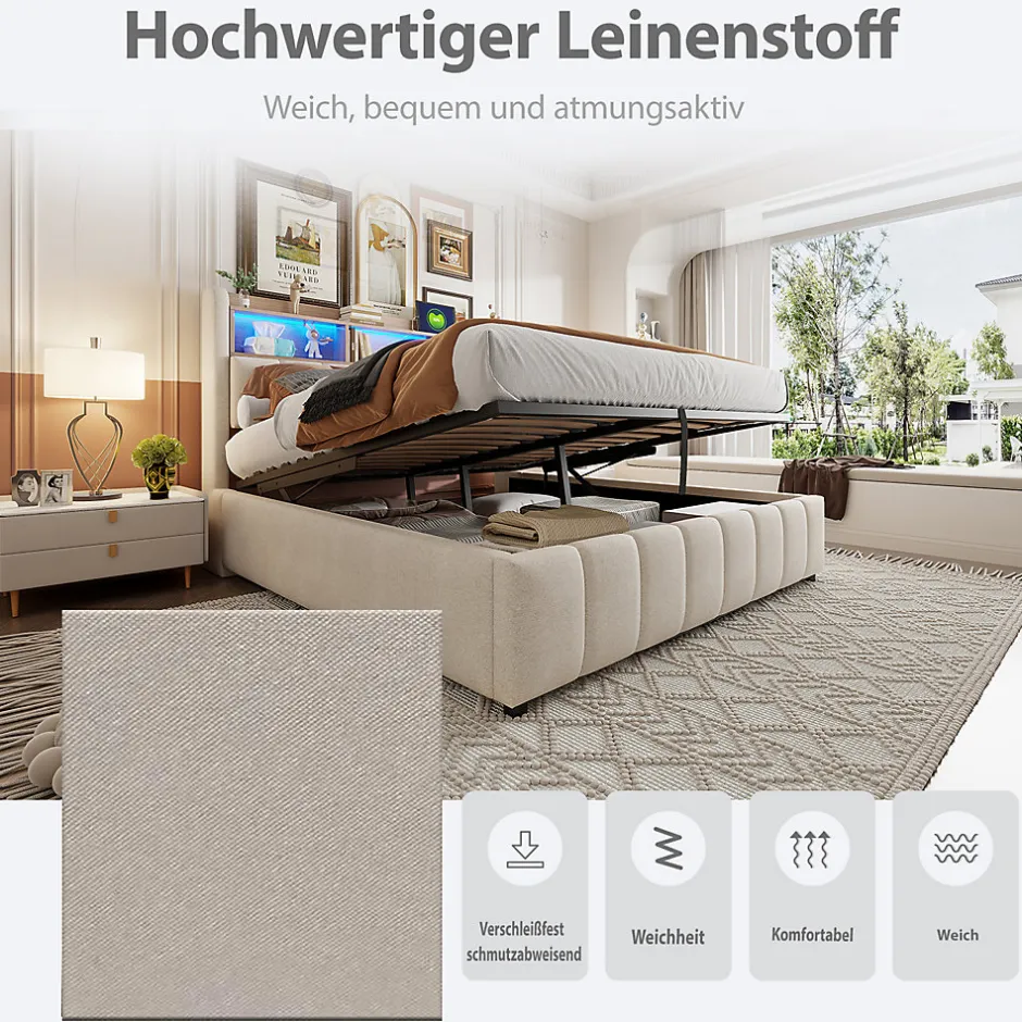 Okwish Lit Coffre Double 180x200 cm Capitonné avec Rangement Hydraulique et Tête de Lit LED - Tissu Lin Beige