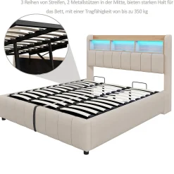 Okwish Lit Coffre Double 180x200 cm Capitonné avec Rangement Hydraulique et Tête de Lit LED - Tissu Lin Beige