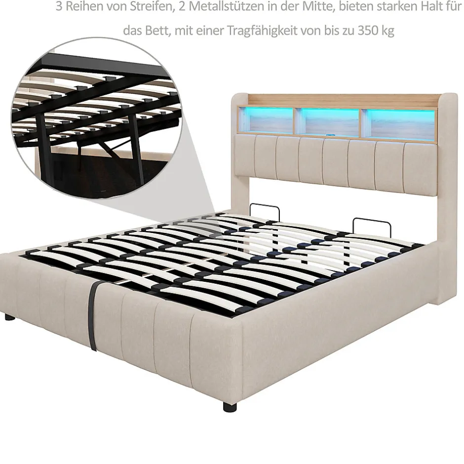 Okwish Lit Coffre Double 180x200 cm Capitonné avec Rangement Hydraulique et Tête de Lit LED - Tissu Lin Beige