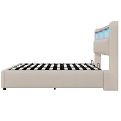Okwish Lit Coffre Double 180x200 cm Capitonné avec Rangement Hydraulique et Tête de Lit LED - Tissu Lin Beige