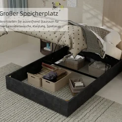 Okwish Lit Coffre Double 140x200 cm, Lit Adulte et Ado avec Vérins Hydrauliques et Coffre Intégré, Velours Hollandais Gris, Sans Matelas
