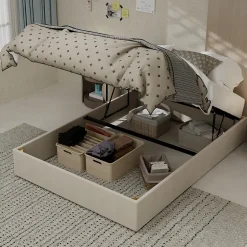 Okwish Lit Coffre Double 140x200 cm, Lit Adulte et Ado avec Vérins Hydrauliques, Cadre Moderne, Velours Hollandais Beige, Sans Matelas Best