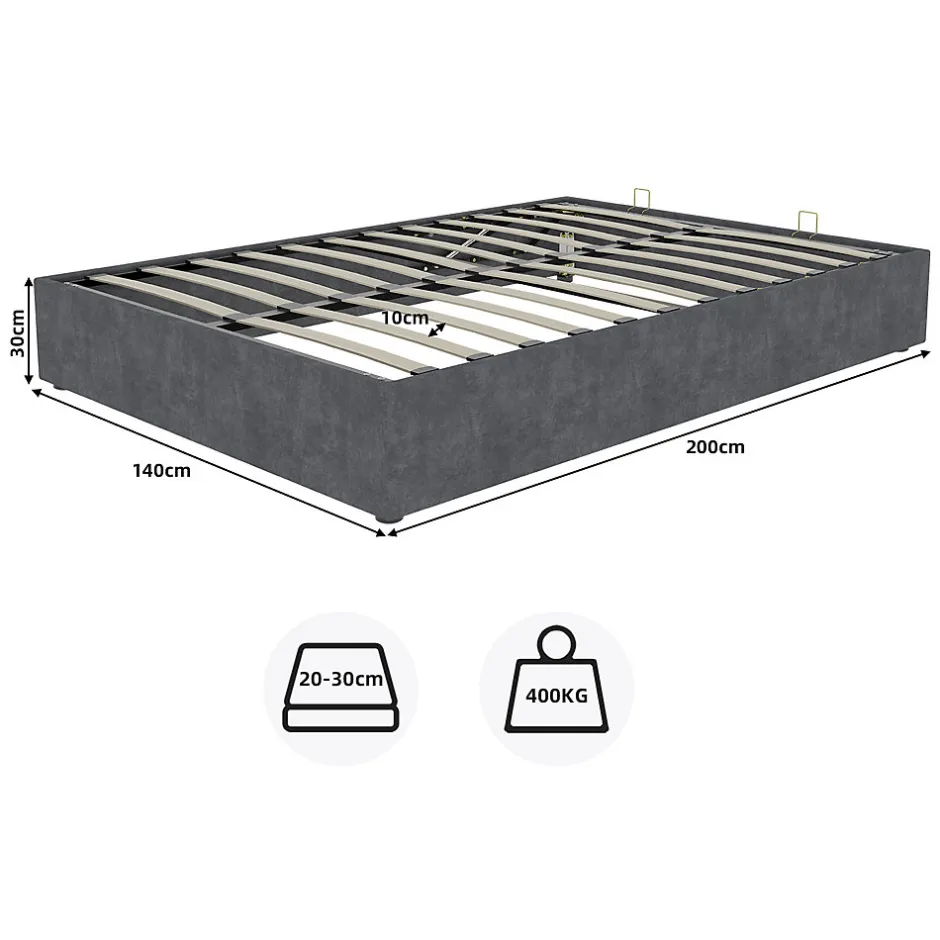 Okwish Lit Coffre Double 140x200 cm, Lit Adulte avec Vérins Hydrauliques et Rangement Intégré, Cadre Robuste, Velours Gris
