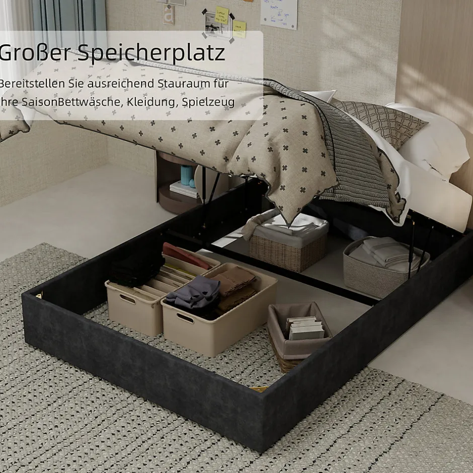 Okwish Lit Coffre Double 140x200 cm, Lit Adulte avec Vérins Hydrauliques et Rangement Intégré, Cadre Robuste, Velours Gris