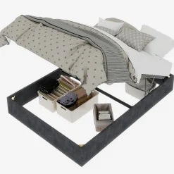Okwish Lit Coffre Double 140x200 cm, Lit Adulte avec Vérins Hydrauliques et Rangement Intégré, Cadre Robuste, Velours Gris