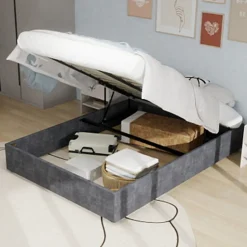 Okwish Lit Coffre Double 160x200 cm, Lit Adulte avec Vérin Hydraulique et Cadre Moderne, Sans Matelas, Gris