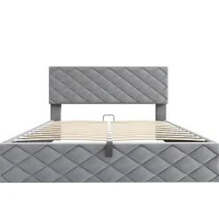 Okwish Lit Coffre Double 140x200 cm, Lit Capitonné en Velours, Grand Espace de Rangement, Gris, Sans Matelas Online