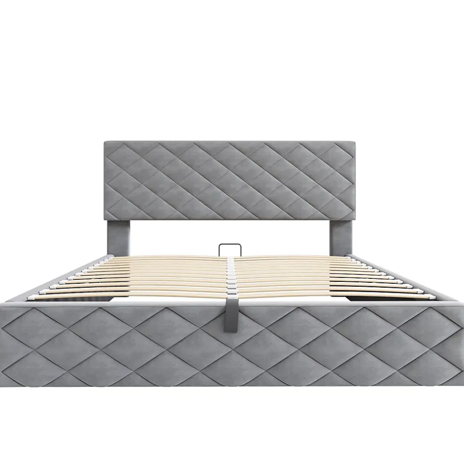 Okwish Lit Coffre Double 140x200 cm, Lit Capitonné en Velours, Grand Espace de Rangement, Gris, Sans Matelas Online