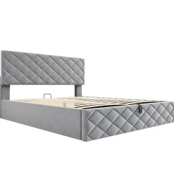 Okwish Lit Coffre Double 140x200 cm, Lit Capitonné en Velours, Grand Espace de Rangement, Gris, Sans Matelas Online