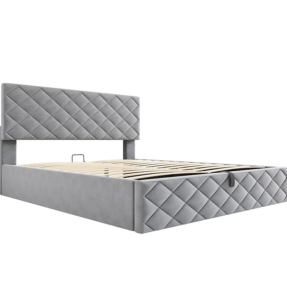 Okwish Lit Coffre Double 140x200 cm, Lit Capitonné en Velours, Grand Espace de Rangement, Gris, Sans Matelas Online