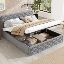 Okwish Lit Coffre Double 140x200 cm, Lit Capitonné en Velours, Grand Espace de Rangement, Gris, Sans Matelas Online