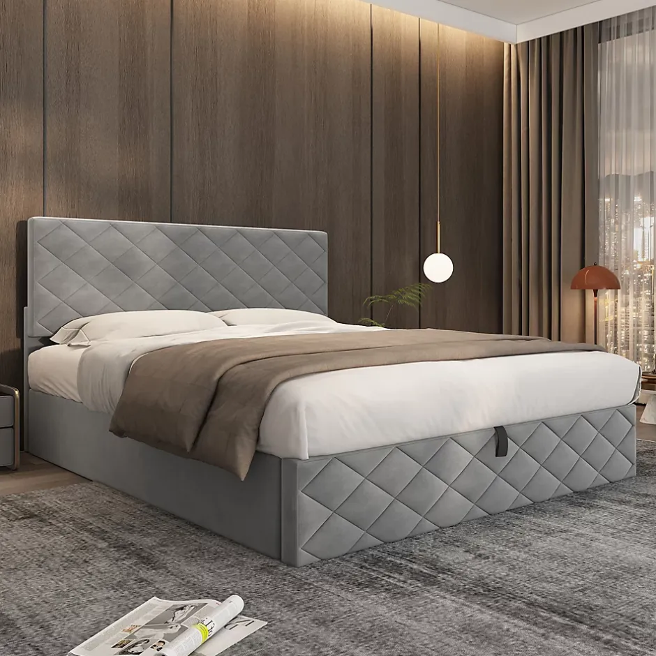 Okwish Lit Coffre Double 140x200 cm, Lit Capitonné en Velours, Grand Espace de Rangement, Gris, Sans Matelas Online