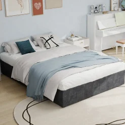 Okwish Lit Coffre Double 160x200 cm, Lit Adulte et Ado avec Vérins Hydrauliques, Cadre Moderne en Velours Hollandais Gris, Sans Matelas