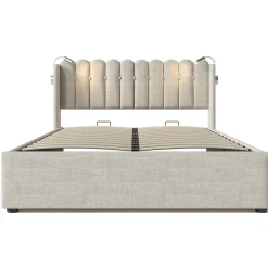 Blackcolors Lit Coffre Double 160x200cm Rembourré Rangement Lin Naturel
