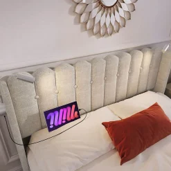Blackcolors Lit Coffre Double 160x200cm Rembourré Rangement Lin Naturel