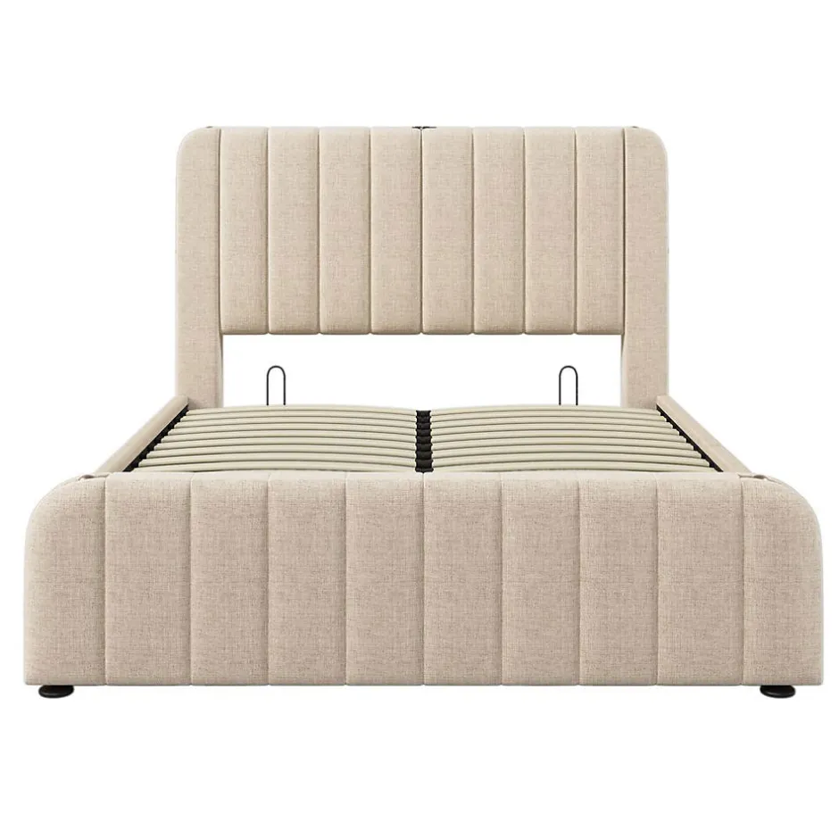 Blackcolors Lit Coffre Double 140x200cm Rembourré Usb-C Lin Beige