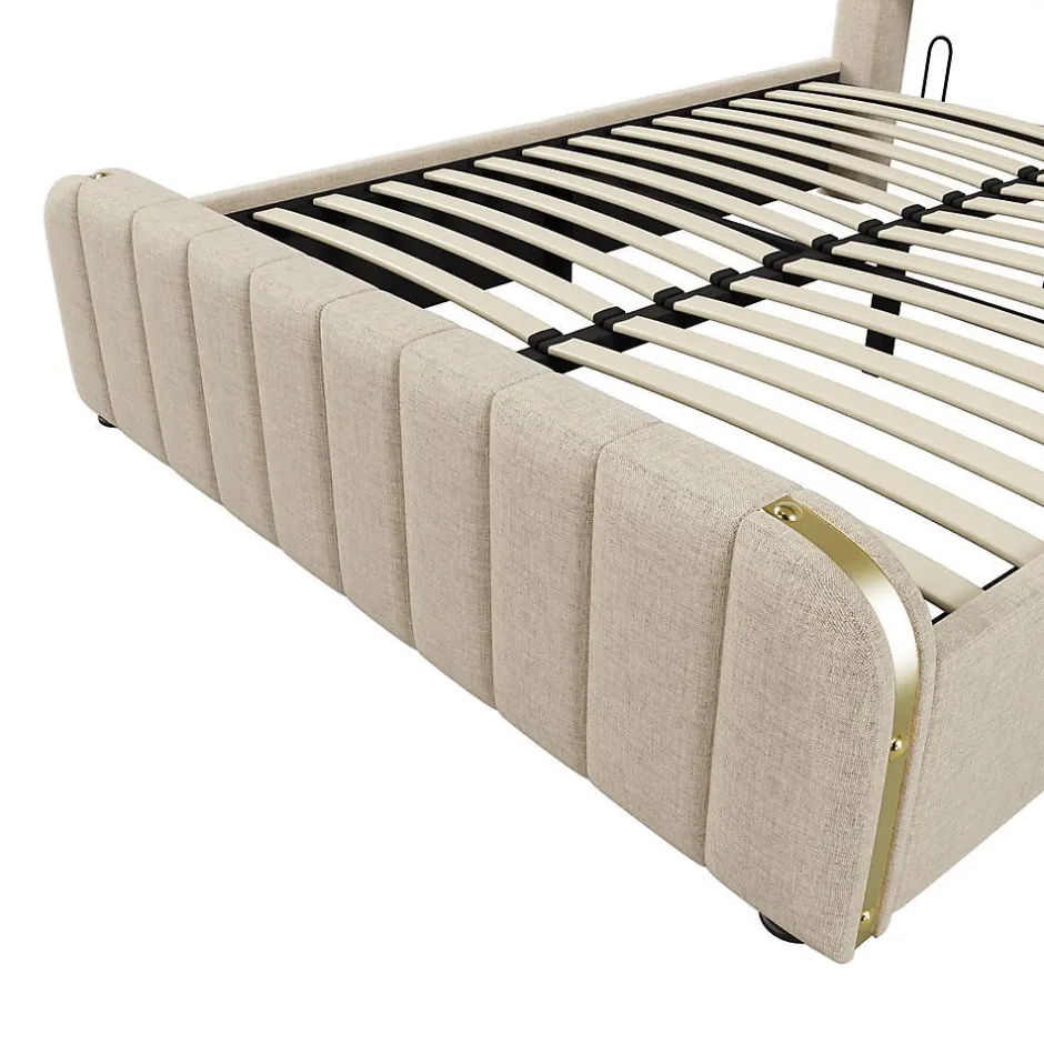Blackcolors Lit Coffre Double 140x200cm Rembourré Usb-C Lin Beige