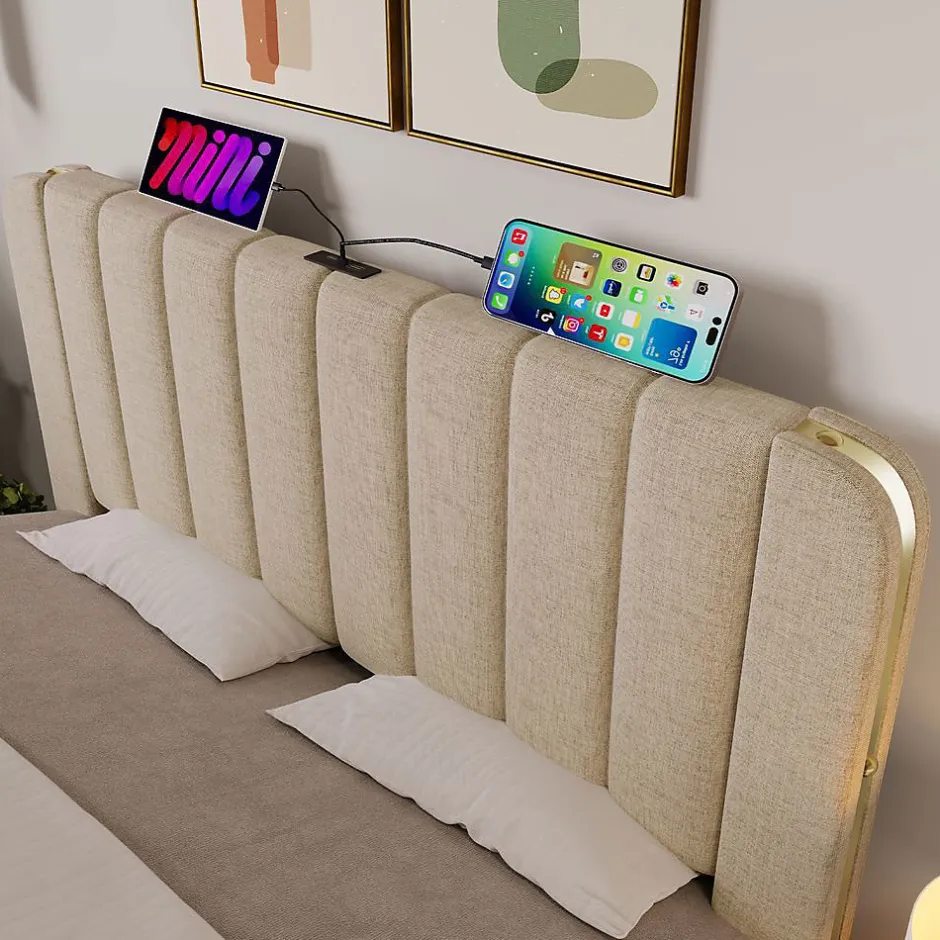 Blackcolors Lit Coffre Double 140x200cm Rembourré Usb-C Lin Beige