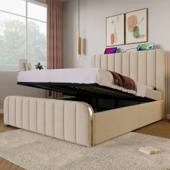 Blackcolors Lit Coffre Double 140x200cm Rembourré Usb-C Lin Beige