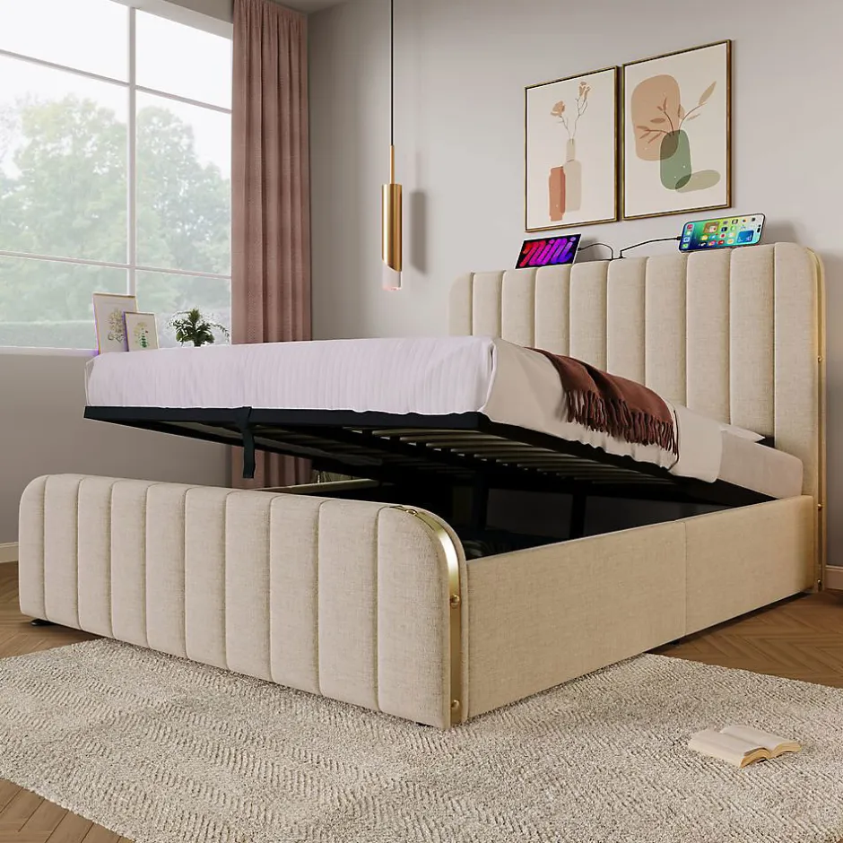 Blackcolors Lit Coffre Double 140x200cm Rembourré Usb-C Lin Beige